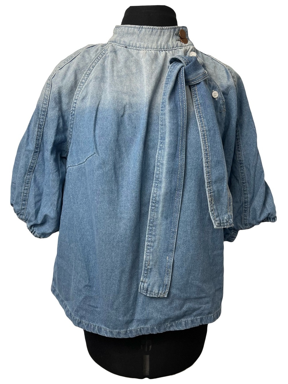 Ursime | NEW Denim Ombré Tie Neck Puff Sleeve Artsy Top, Large